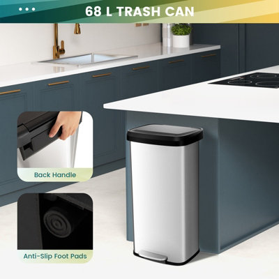 Costway 68L Kitchen Bin Soft Closure Stainless Steel Recycling Pedal Bin with Handle - 6