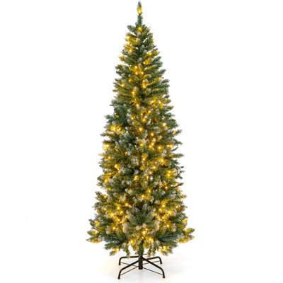 Costway 6FT Artificial Pre-Lit Slim Pencil Christmas Tree Snowy Xmas Tree 250 LED Lights