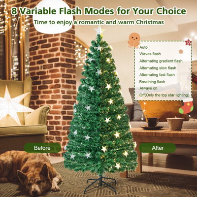 Costway 6FT Pre-Lit Artificial Christmas Tree Fiber Optics Xmas Tree 8 Lighting Modes - 6
