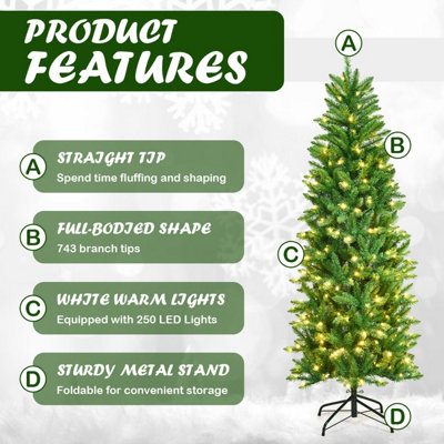 Costway 6FT Pre-Lit Artificial Christmas Tree Hinged Pencil Xmas Tree w/ 250 Warm Lights - 5