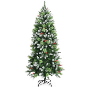 Costway 6FT Snow Flocked Christmas Tree Artificial Pine Xmas Trees with Red Berries