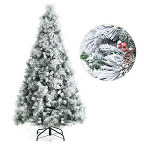 Costway 6ft Snow Flocked Christmas Tree Hinged Xmas Pine Tree W/ Pine Needles Red Berry