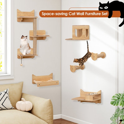COSTWAY 6Pcs Cat Wall Furniture Set Kitten Wall Mounted Shelves w/Hammock