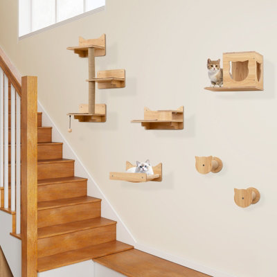 View of COSTWAY 6Pcs Cat Wall Furniture Set Kitten Wall Mounted Shelves w/Hammock