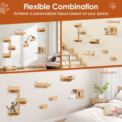 COSTWAY 6Pcs Cat Wall Furniture Set Kitten Wall Mounted Shelves w/Hammock