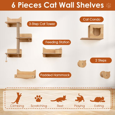 COSTWAY 6Pcs Cat Wall Furniture Set Kitten Wall Mounted Shelves w/Hammock