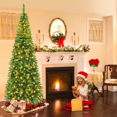 Costway 7.5 FT Artificial Pencil Christmas Tree LED Pre Lit Xmas Tree Holiday Decoration