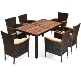 Costway 7 PCS Patio Dining Set Outdoor Wicker Furniture Set w/ Acacia Wood Tabletop