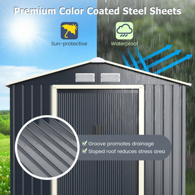 Costway 7 x 4FT Metal Garden Storage Shed Outdoor Galvanized Bike Shed Tool Storage House w/ Sliding Door - 6