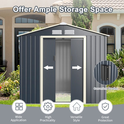 Costway 7 x 4FT Metal Garden Storage Shed Outdoor Galvanized Bike Shed Tool Storage House w/ Sliding Door - 7