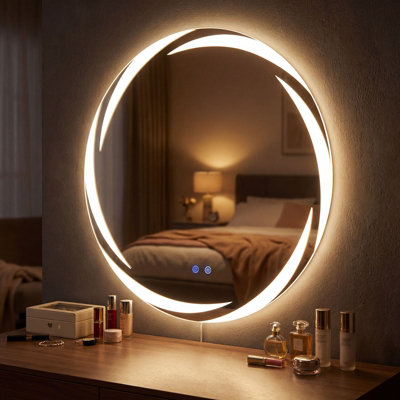 COSTWAY 70 cm Round LED Bathroom Mirror Tempered Glass Wall Mirror Anti-Fog