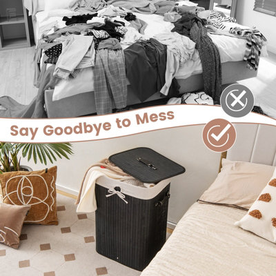 Costway 72L Bamboo Laundry Basket Collapsible Laundry Hamper w/ Lid & Removable Bag - 9