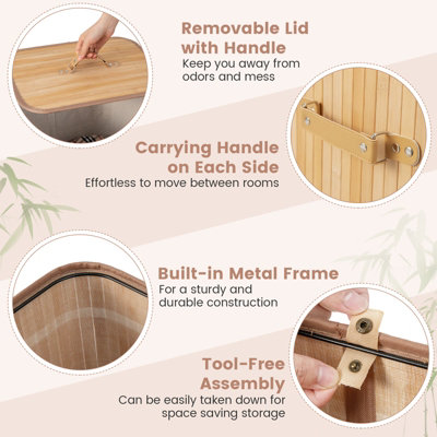 Costway 72L Bamboo Laundry Basket Collapsible Laundry Hamper w/ Lid ...