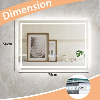 Costway 75 x 50 CM LED Bathroom Mirror Wall Mounted Rectangle Mirror wuth 3-Color Dimmable Lights