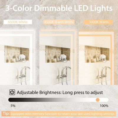 Costway 75 x 50 CM LED Bathroom Mirror Wall Mounted Rectangle Mirror ...