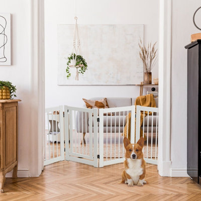 Costway 76 cm Tall Dog Gate 4 Panels Wooden Pet Safety Fence Gate Foldable Freestanding Dog Gate - 8