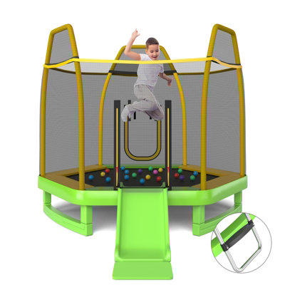 COSTWAY Trampoline Extérieur Ø244CM Enfants avec Panier de Basket,  Trampoline de Jardin Rond avec Filet de Sécurité, 3 Pieds en Forme W,  Couverture en Mousse, Charge 150kg pour Enfants de 3 Ans+ 