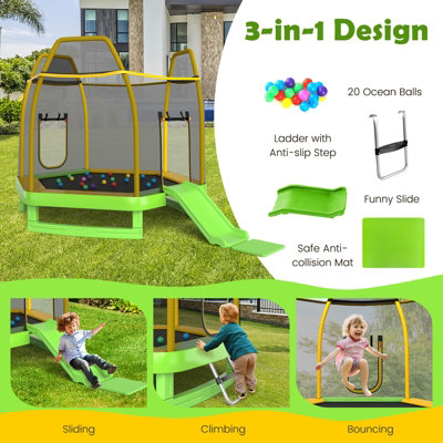 Costway 7FT Kids Trampoline 3 in 1 Indoor Outdoor Trampoline w Enclosure Slide DIY at B Q