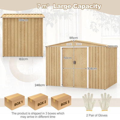 Costway 8.5 x 6.5 FT Outdoor Storage Shed Galvanized Steel Garden Tool House W/ Floor Base - 3