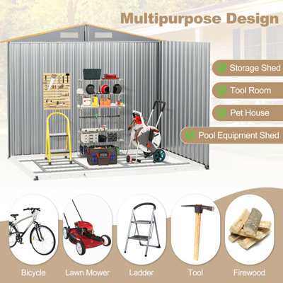 Costway 8.5 x 6.5 FT Outdoor Storage Shed Galvanized Steel Garden Tool House W/ Floor Base - 9