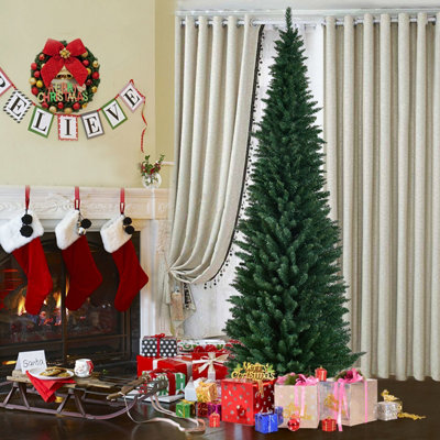 Costway 8 FT Artificial Christmas Tree Slim Pencil w/ Metal Stand Decorative Xmas Tree - 6