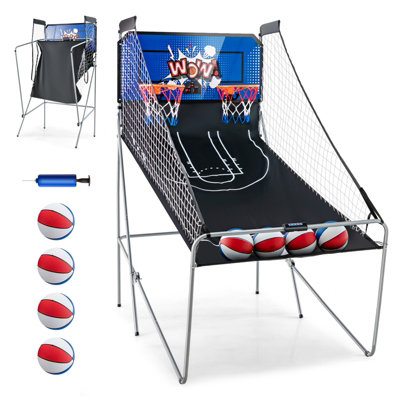 COSTWAY 8-in-1 Basketball Machine, Folding Electric Basketball Stand, 4 Balls Sliding Machine, Air Pump and 8 Game Modes, Kids Arcade Basketball Game for 2 Players (Grey