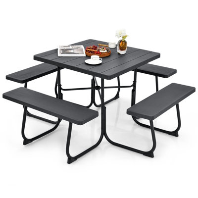 Costway 8 person Square Picnic Table Bench Set Outdoor Circular Table W/ 4 Benches & Umbrella