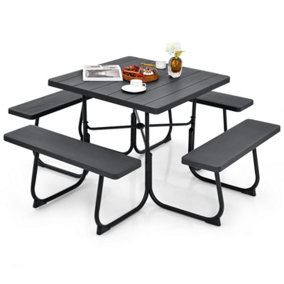 Costway 8 person Square Picnic Table Bench Set Outdoor Circular Table W/ 4 Benches & Umbrella Hole, Black
