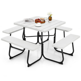 Costway 8 person Square Picnic Table Bench Set Outdoor Circular Table W/ 4 Benches & Umbrella Hole, White