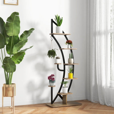8-Tier Tall Wooden Plant Stand Rack Curved Half Moon Shape Ladder Planter Shelf