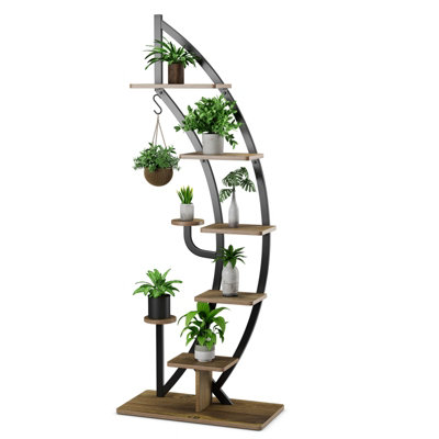 Costway 8-Tier Tall Wooden Plant Stand Rack Curved Half Moon Shape Ladder Planter Shelf