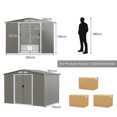 Costway 8 x 6 FT Outdoor Storage Shed Galvanized Steel Shed w/ Foundation & Ramp