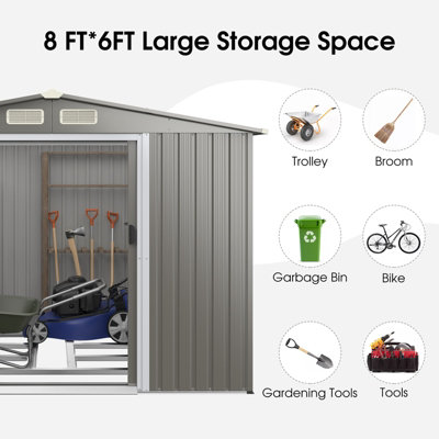 Costway 8 x 6 FT Outdoor Storage Shed Galvanized Steel Shed w/ Foundation & Ramp - 9