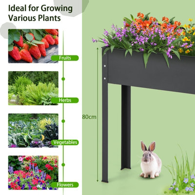 COSTWAY Verhoogd bloembed met plank en 2 wielen, verhoogd tuinbed, metaal, plantenbak met haak en handgreep, groentebed, kruidenbed, groot, voor balkon, tuin, terras, 95 x 40 x 80 cm (zwart