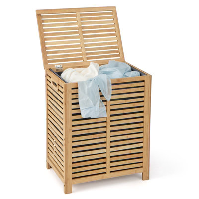 Costway 80 L Bamboo Laundry Hamper Clothes Laundry Basket Organizer W/ Lid & Handles