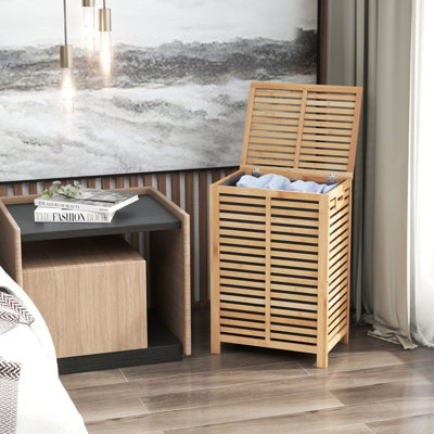 Costway 80 L Bamboo Laundry Hamper Clothes Laundry Basket Organizer W/ Lid & Handles - 5