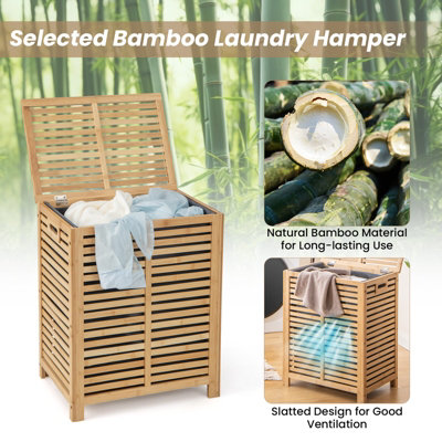 Costway 80 L Bamboo Laundry Hamper Clothes Laundry Basket Organizer W/ Lid & Handles - 7