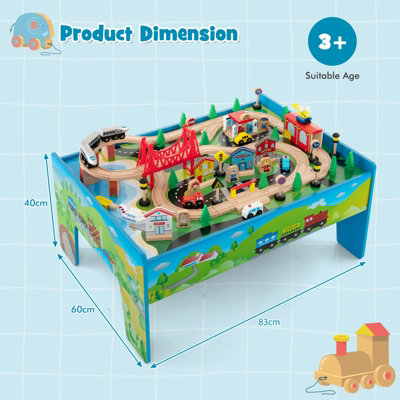 Costway 80 PCS Kids Wooden Train Track Railway Playset Activity Table W/ Storage Drawer
