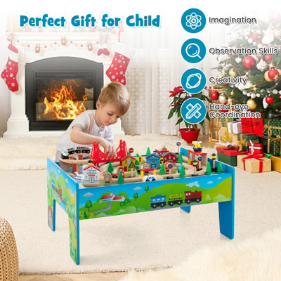 Costway 80 PCS Kids Wooden Train Track Railway Playset Activity Table W/ Storage Drawer - 3