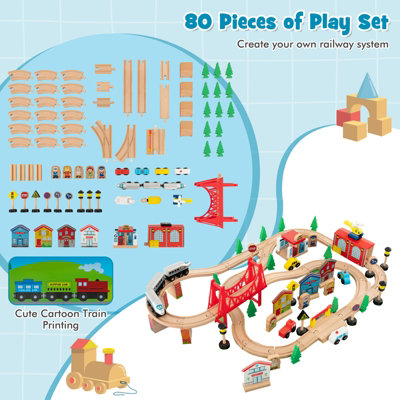 Costway 80 PCS Kids Wooden Train Track Railway Playset Activity Table W/ Storage Drawer - 4