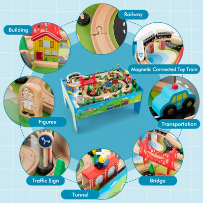 Costway 80 PCS Kids Wooden Train Track Railway Playset Activity Table W/ Storage Drawer - 5