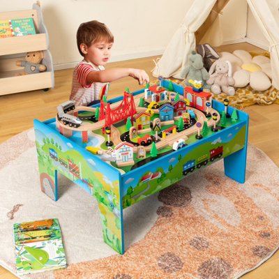 Costway 80 PCS Kids Wooden Train Track Railway Playset Activity Table W/ Storage Drawer - 8
