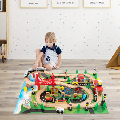 Costway 80 PCS Kids Wooden Train Track Railway Playset Activity Table W Storage Drawer