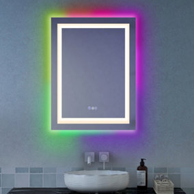 Costway 80 x 60cm Bathroom Wall Mirror Makeup Mirror w/ Colorful Light Anti-Fog