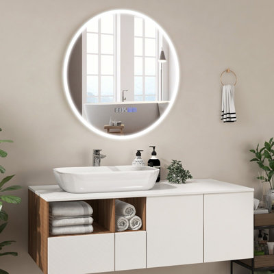 Costway 80 x 80cm LED Bathroom Mirror Wall Mounted Round Mirror with 3-Color Dimmable Lights