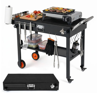 COSTWAY 82 x 46 cm Folding Grill Cart Portable BBQ Prep Table with Lockable Wheels