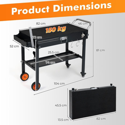 COSTWAY 82 x 46 cm Folding Grill Cart Portable BBQ Prep Table with Lockable Wheels