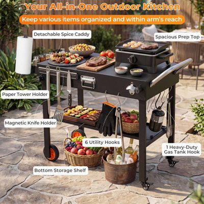 COSTWAY 82 x 46 cm Folding Grill Cart Portable BBQ Prep Table with Lockable Wheels