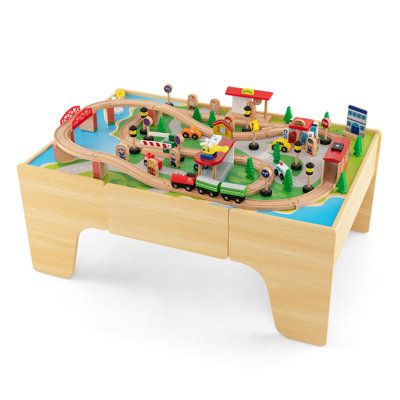 Costway 84 PCS Kids Wooden Train Track Railway Playset Activity Table W/ Storage Drawer