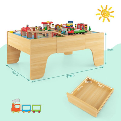 Costway 84 PCS Kids Wooden Train Track Railway Playset Activity Table W/ Storage Drawer